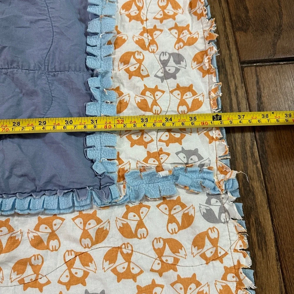 Handmade Fox Wearing Glasses Baby Blanket Quilt 36x42” Blue Orange Foxes